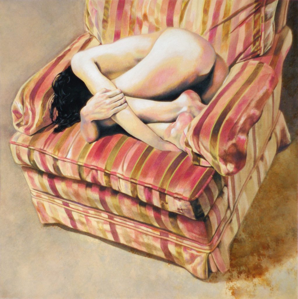 Watercolor of a nude figure in an ulphostered armchair.