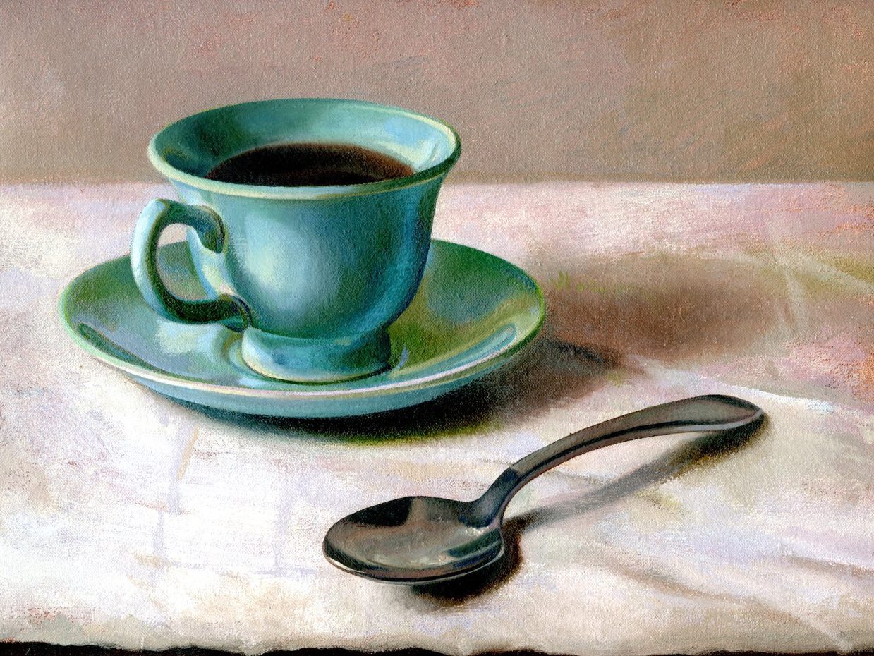 Still life painting of coffee cup, saucer, and spoon