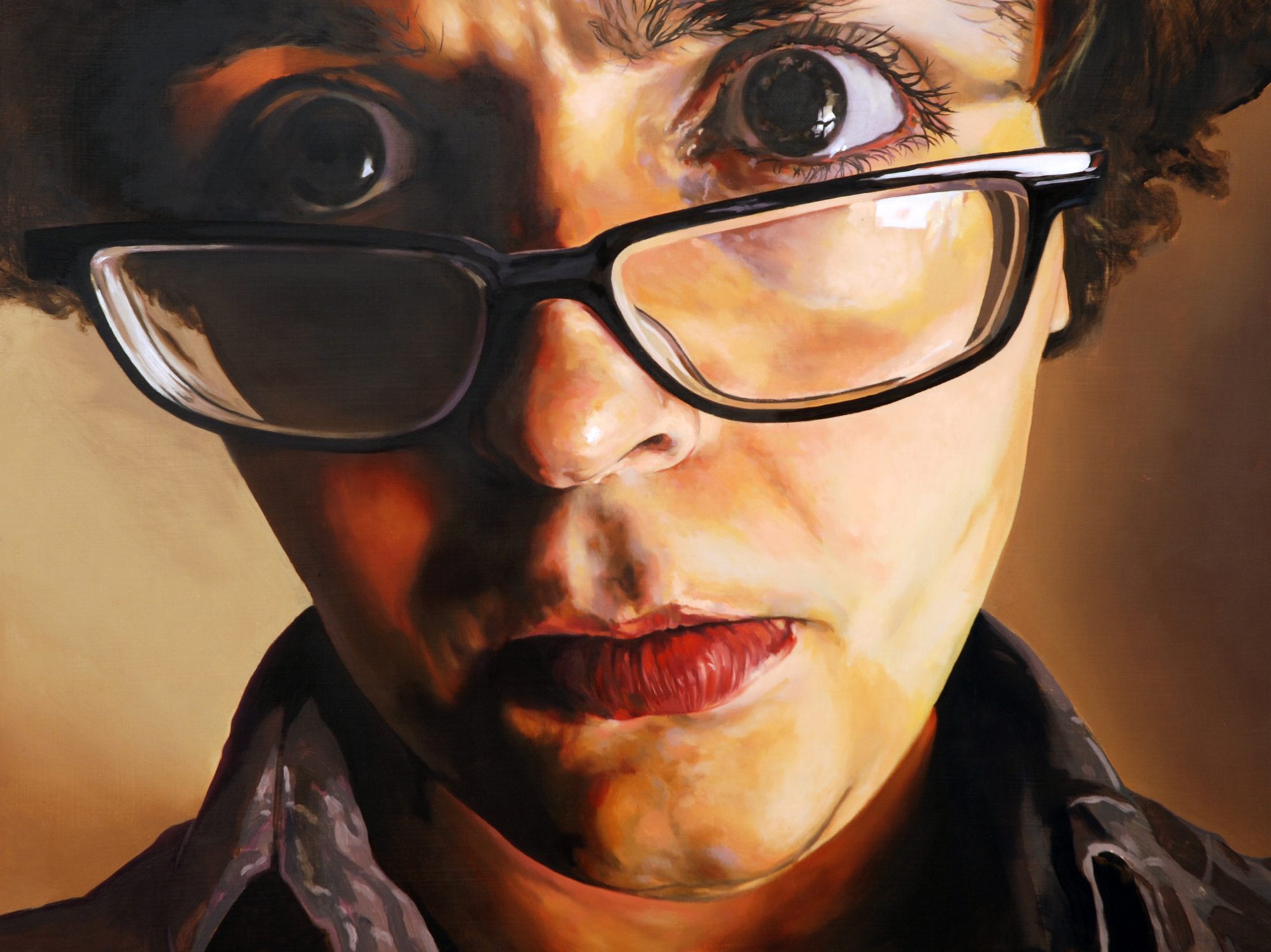 Close-up portrait painting of a person wearing glasses.